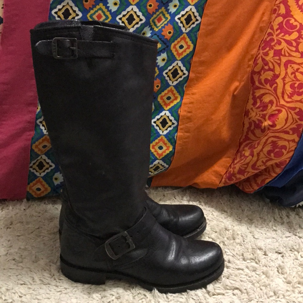 Frye Black Leather Mid-Calf Buckle Boots